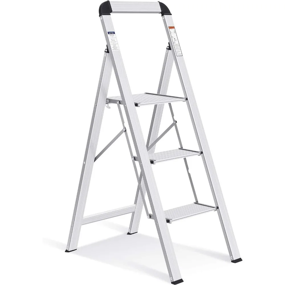 Aluminium 3-traps ladder, lichtgewicht opstapkruk met antislippedalen, leuning, 330 LBS opvouwbare opstapladder voor keuken