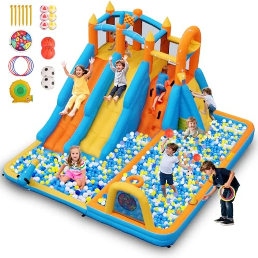 

Inflatable Water Slide 9 in 1 Bounce House Water Slides for Backyard Water Park with Blower Circle Water Tank Soccer Goal Climb