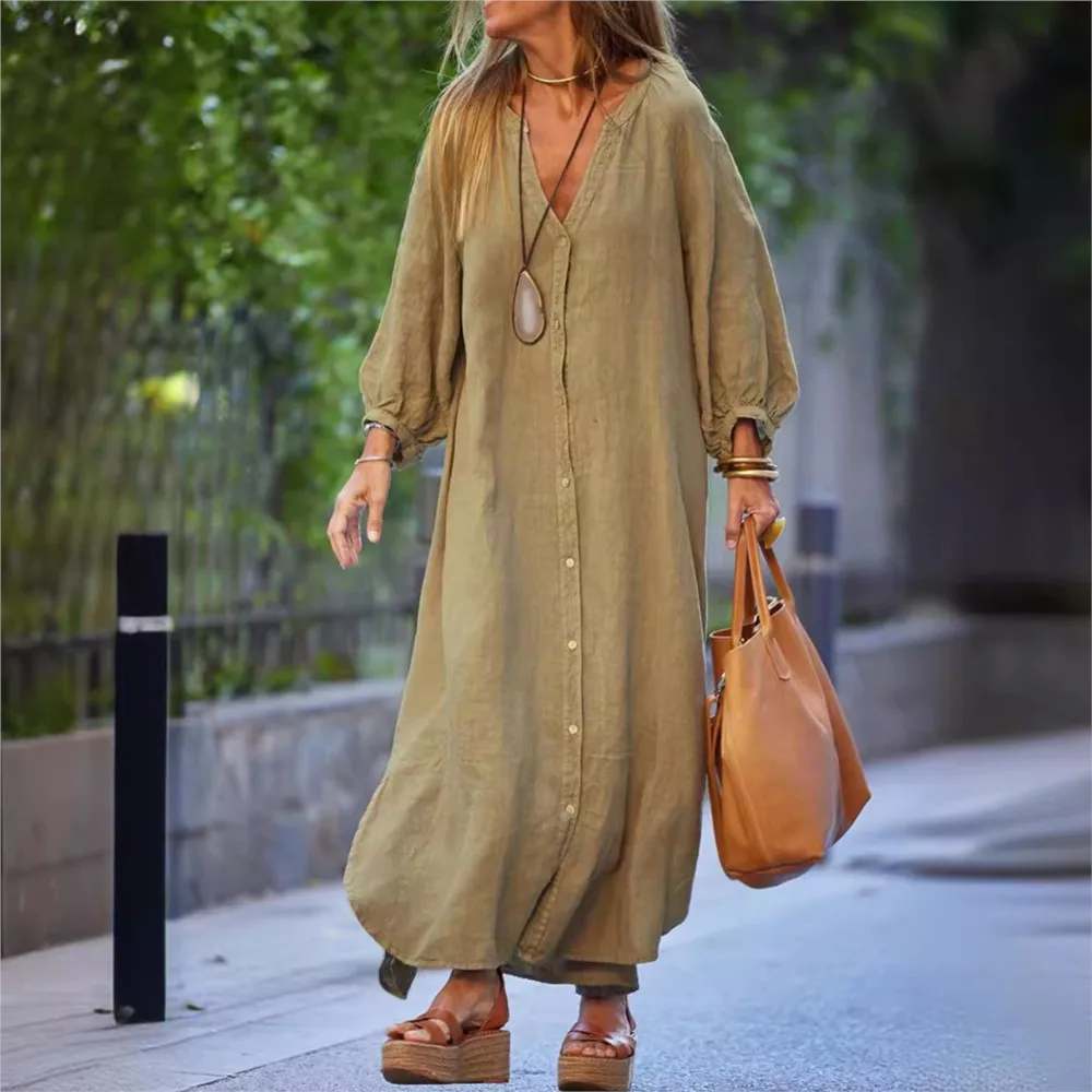 Elegant Women\'s Dress 2024 New Autumn And Winter Cotton And Linen Fashionable Casual V Neck Cardigan Maxi Shirt Dress Robe Femme