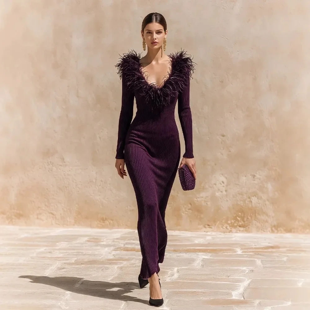 Slim Fit Deep V Neck Knit Dress Long Sleeve Faux Fur Collar Bodycon Maxi Party Gown Elegant Women New