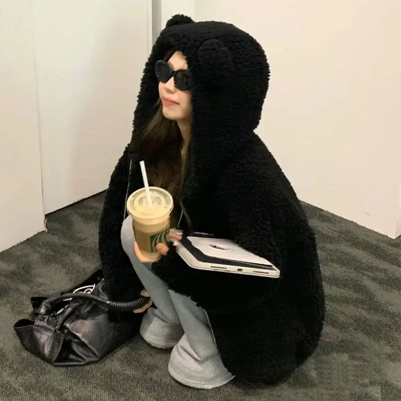 2025 جديد لطيف فتاة آذان الدب الصغير تقليد صوف الضأن سستة معطف مقنع جمع موضة غير رسمية اتجاهات متعددة الاستخدامات كسول الرياح