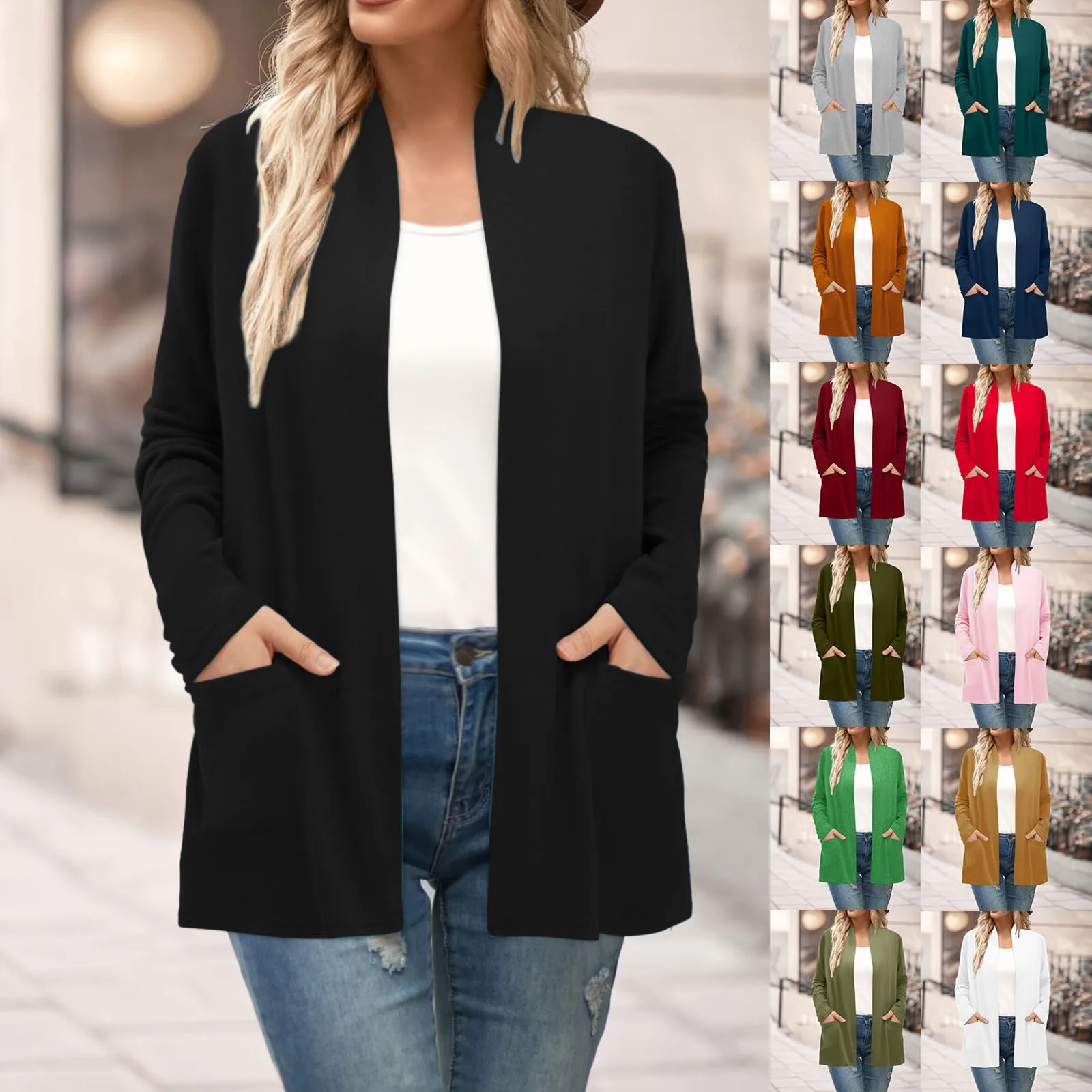 Cardigã com bolsos para mulheres, manga comprida, frente aberta, espanador casual, cardigã leve, suéteres leves, outono