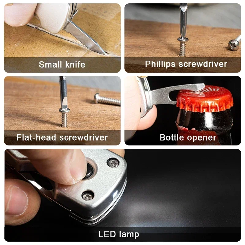 Outdoor 6-in-1 Folding Mini PortableScrewdriver StainlessSteel Tool Knife with LED Keychain Multi-functional Keychain Knife Gift