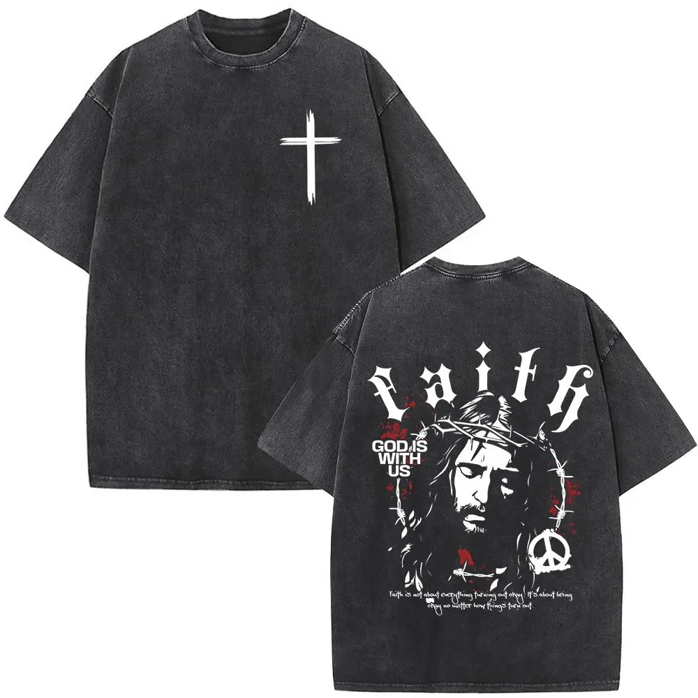 

Jesus Christian Faith God Is with Us Washed Vintage T-shirt Summer Men Women Clothing Casual Cotton T Shirts Male Fashion Tees