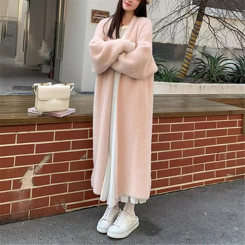 Korean Faux Mink Fur Vintage White Cardigan Winter Women Knitted Fluffy Sleeve Sweater Cashmere Mohair Warm Fashion Long Coat