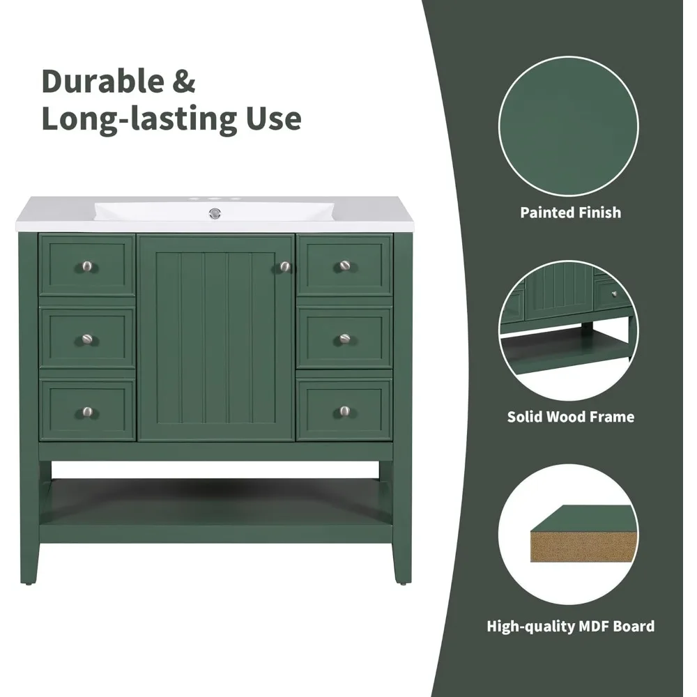 حمام فردي مقاس 36 بوصة مع حوض وخزانة و3 أدراج، مصنوع من الخشب الصلب وMDF