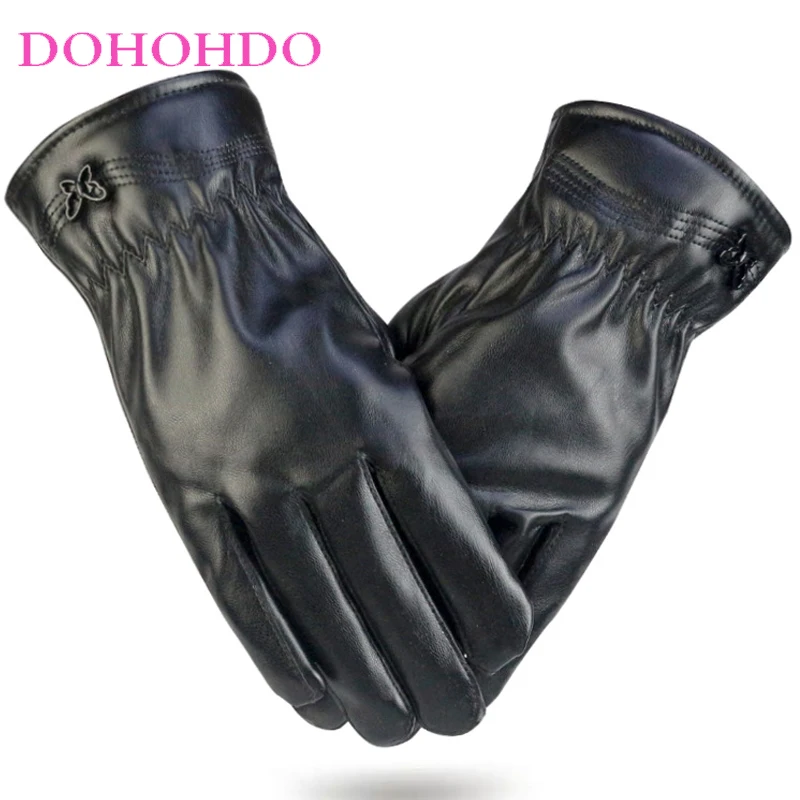 

Winter Warm Touch-screen Black Leather Gloves Windproof Butterfly Design Outdoor Riding Motorcycle PU Gloves Guantes Para Motos
