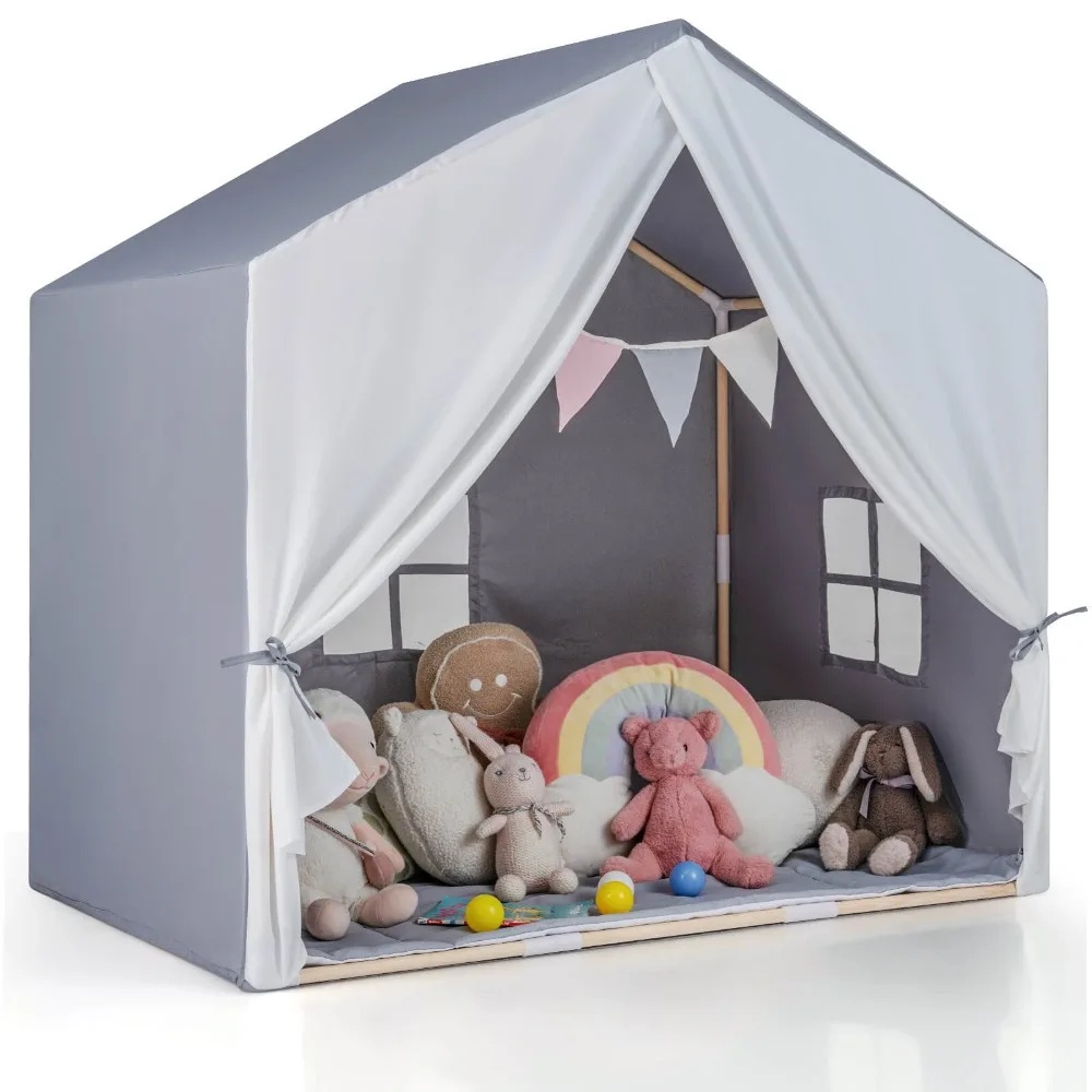 

Kid’s Play Tent Toddler Playhouse Castle Solid Wood Frame w/ Washable Mat Gray