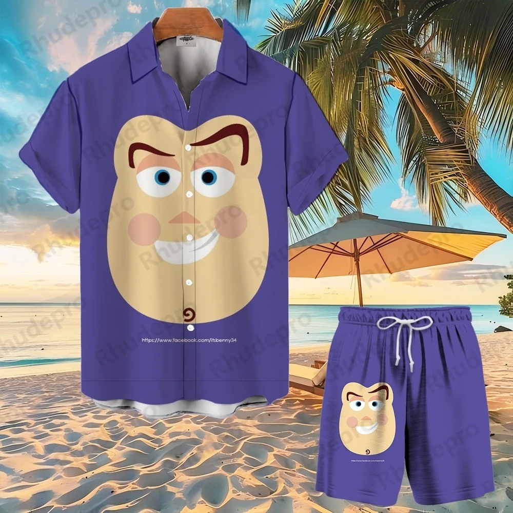 

Disney 2025 Toy Story Men Women Button Shirt Buzz Lightyear Summer Short Cartoon Hawaii Shirt Set Beach Short Suit