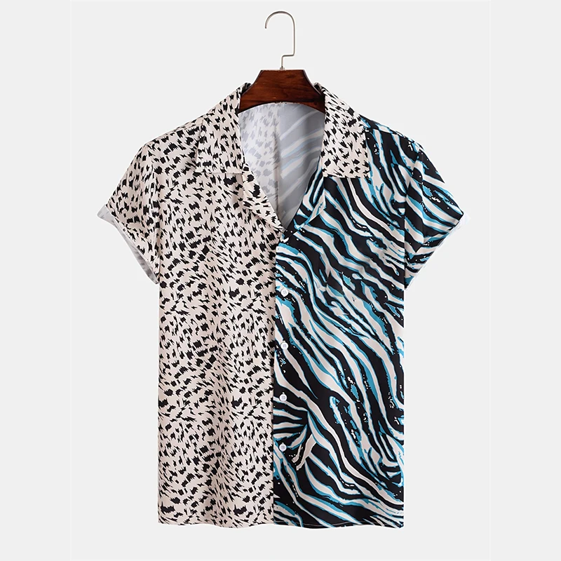 

Striped Leopard 3d Printed Shirt For Men's Unique Splicing Design Shirts Trend Fashion Street Personality Harajuku Button Shirts