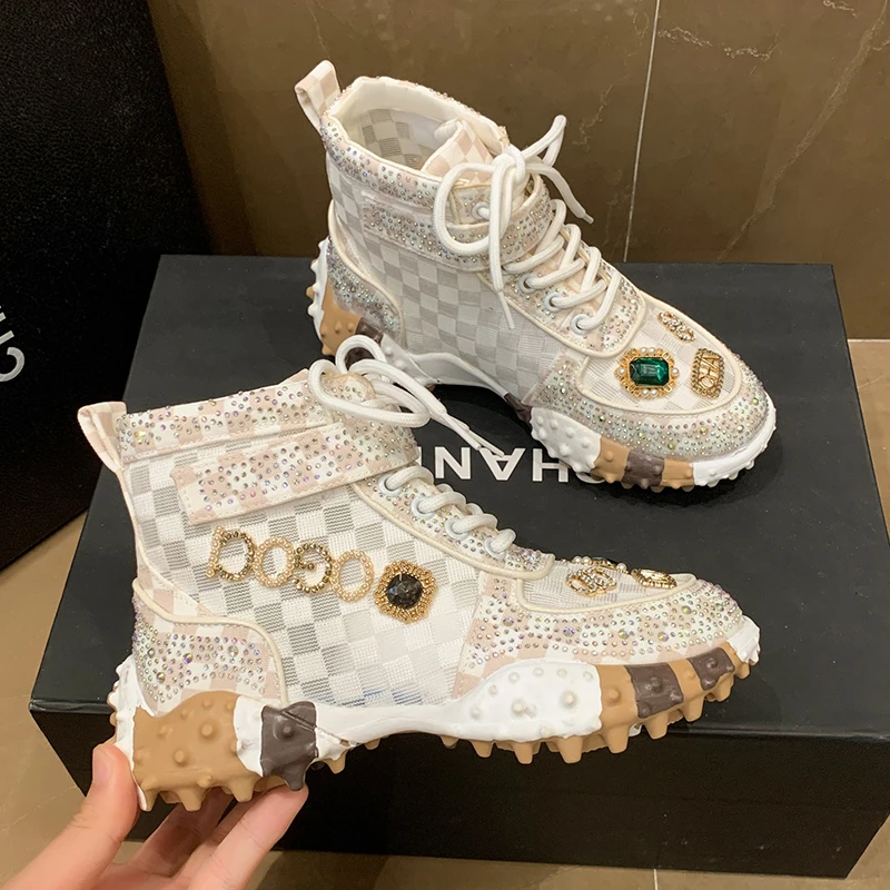 Women Casual Sneakers Luxury Designer Boots Rhinestone Diamond High-Top Thick Bottom Shoes Female Tennis Trainers Walking Shoes