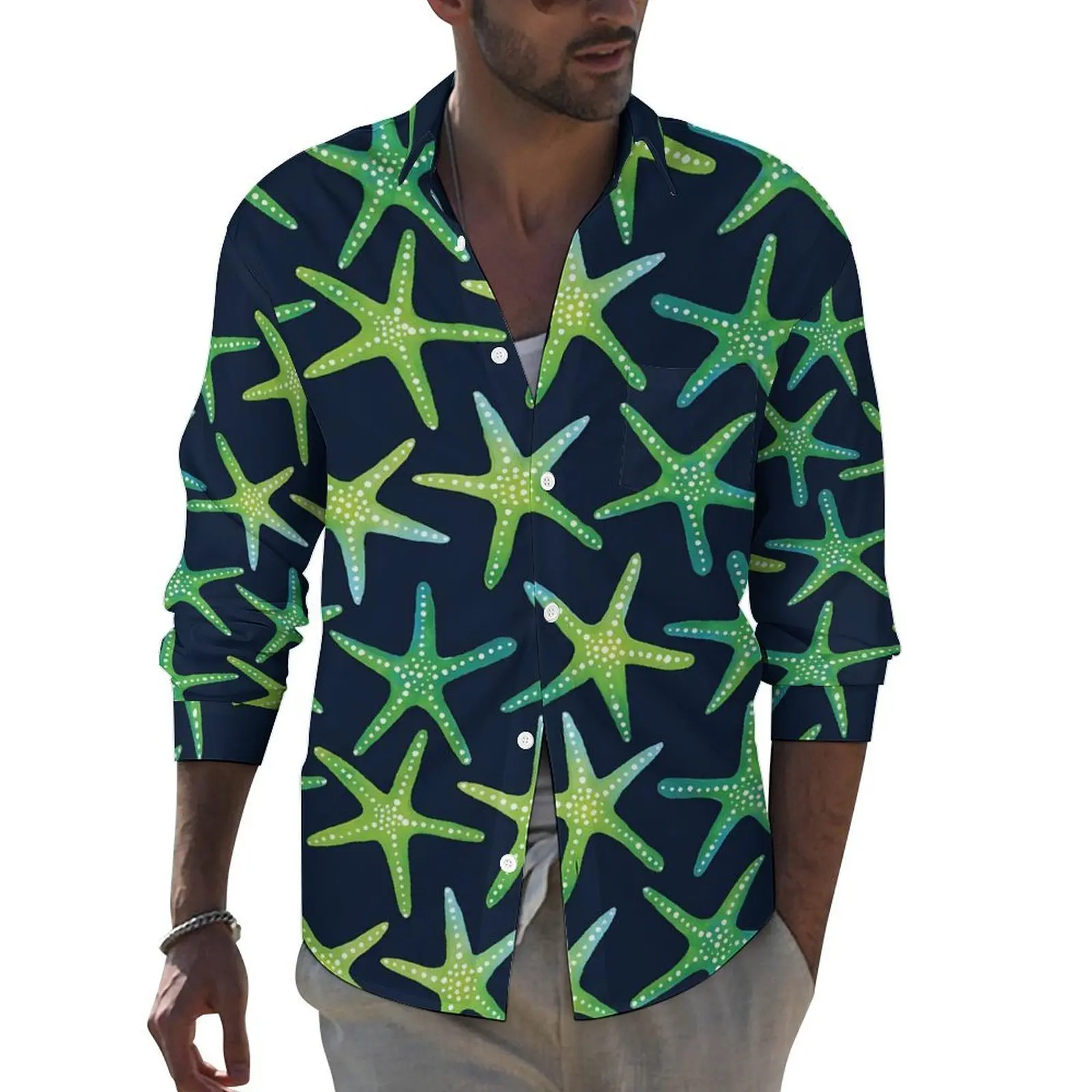 Green Starfish Casual Shirts Men Sea Creature Shirt Long Sleeve Loose Streetwear Blouses Spring Custom Clothes Large Size