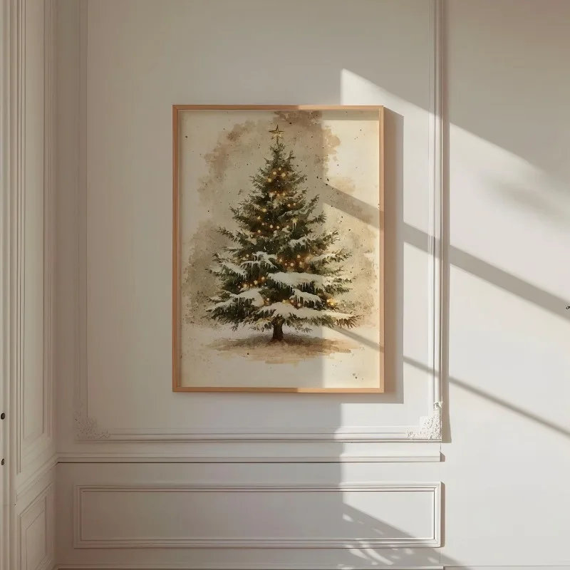 Vintage Christmas Tree Canvas Wall Art Unframed Print Snow Icicle Warm Lights Star Topped Tree Poster for Neutral Home Decor