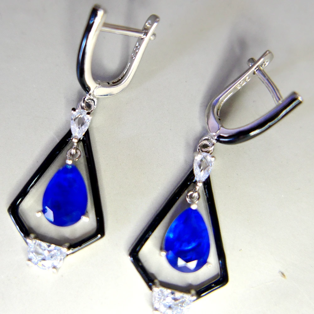 KQDANCE 925 Sterling Silver Black Enamel And TearDrop Lab Sapphire Blue Stones Long Drop Earrings With Clips Jewelry Wholesale