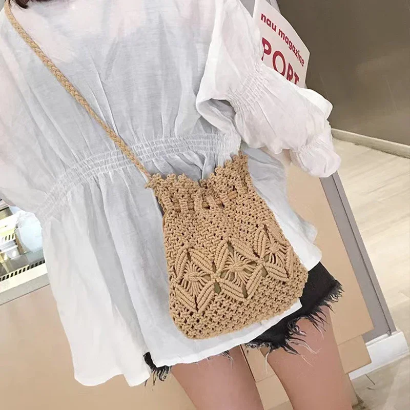 New woven forest crossbody bag cotton thread small fresh hollow bucket bag versatile vacation beach bag baby diaper bag