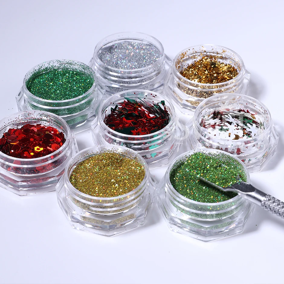 12 Uds. De lentejuelas navideñas para uñas, copos de nieve brillantes mezclados, polvo láser DIY Flash, herramientas de decoración de manicura de Año Nuevo para invierno