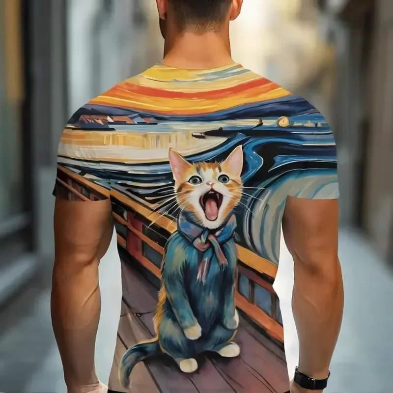Men's Cartoon Cat 3D Printed T Shirt Short Sleeve Micro Elastic Summer Breathable Crew Neck Casual Fashion Top 2026