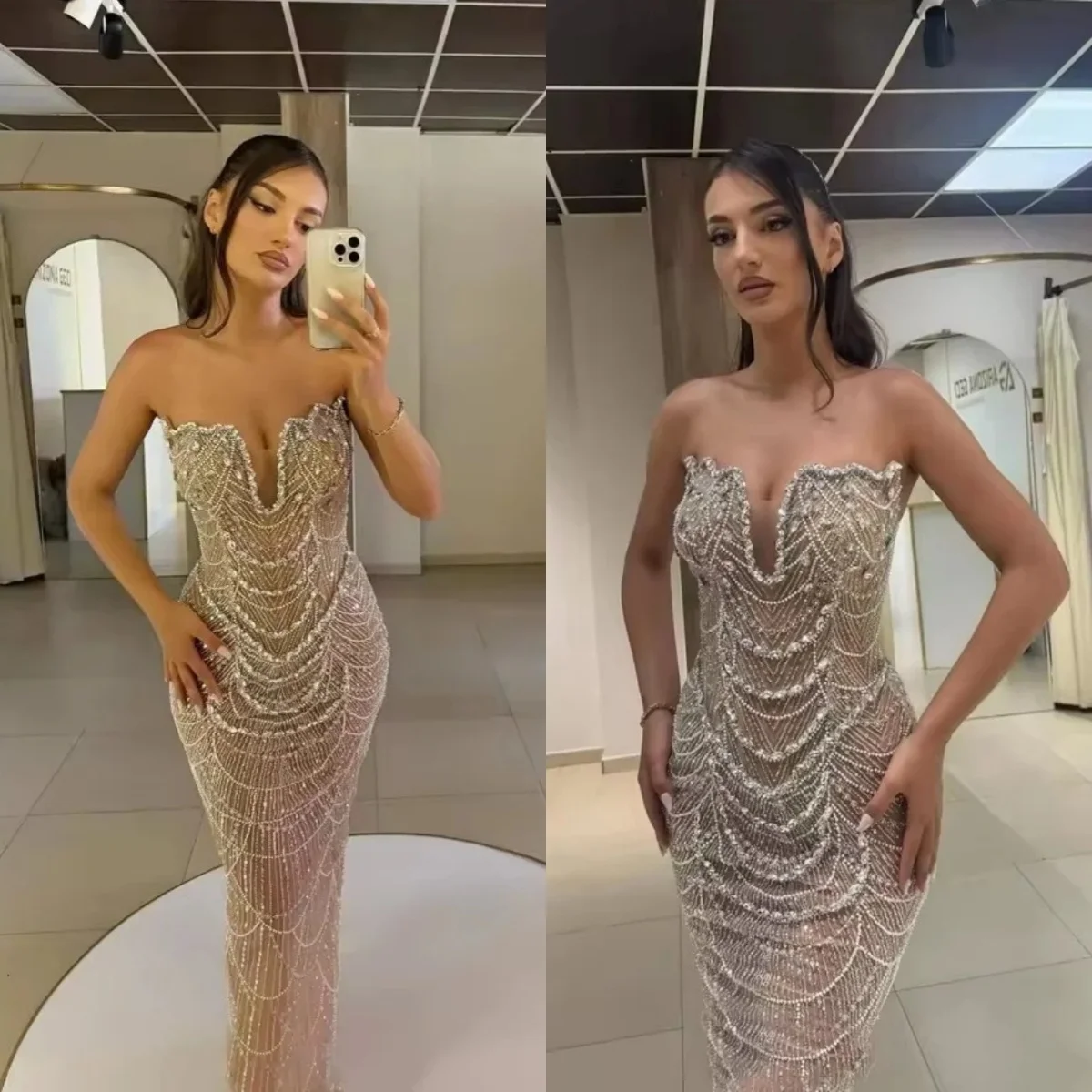 

Изысканное вечернее платье русалки без бретелек с бисером и кристаллами, платья для выпускного вечера без рукавов длиной до пола, вечерние платья по индивидуальному заказу