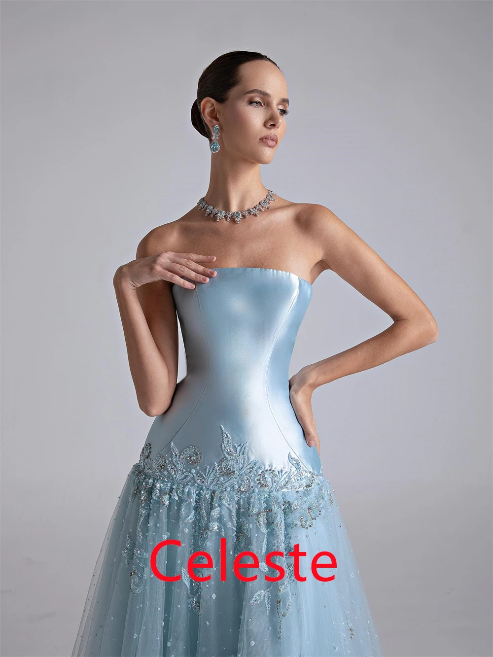 Customized Fashion Blue Tulle Evening Dress Elegant Sleeveless Homecoming Dresses High Quality Sweep Train Vestido De Festa