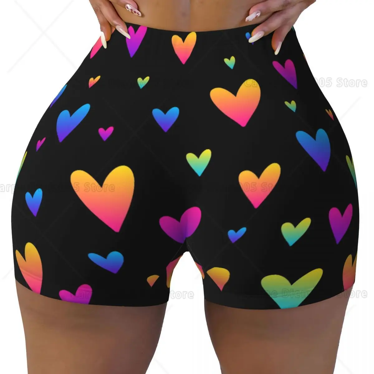 

Черные шорты для йоги с разноцветными сердечками на день Святого Валентина, женские велосипедные шорты с высокой талией для тренировок, спорта, бега
