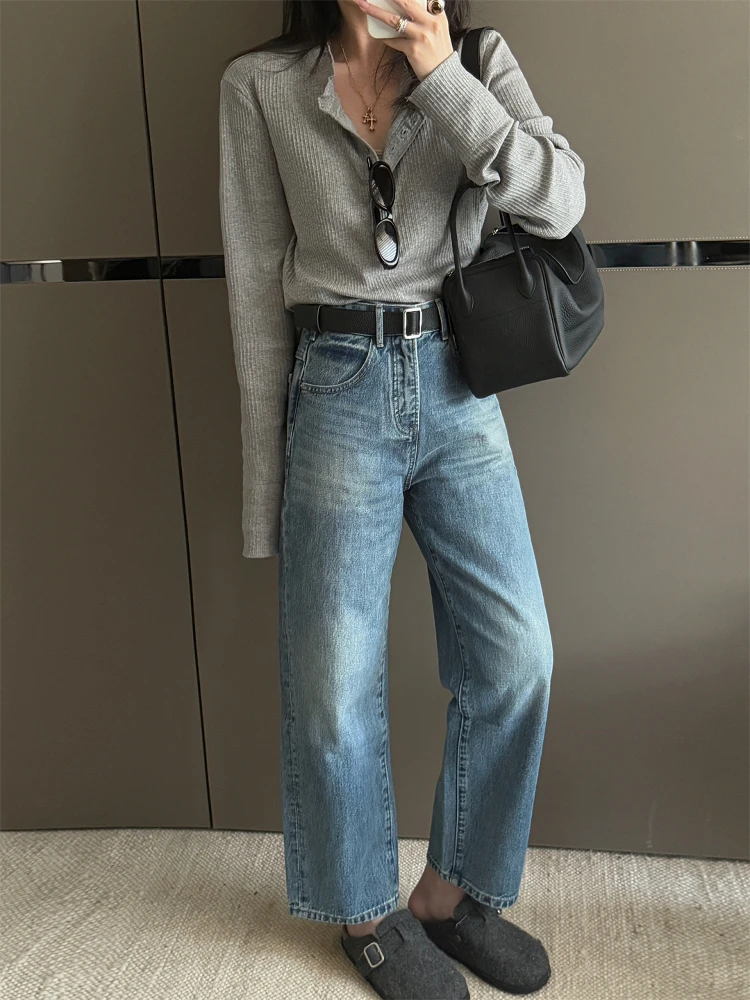 

Джинсы женские премиум-класса с высокой талией, прямые, из плотной ткани INE, с роскошной бамбуковой текстурой, окрашенные, из бамбукового волокна