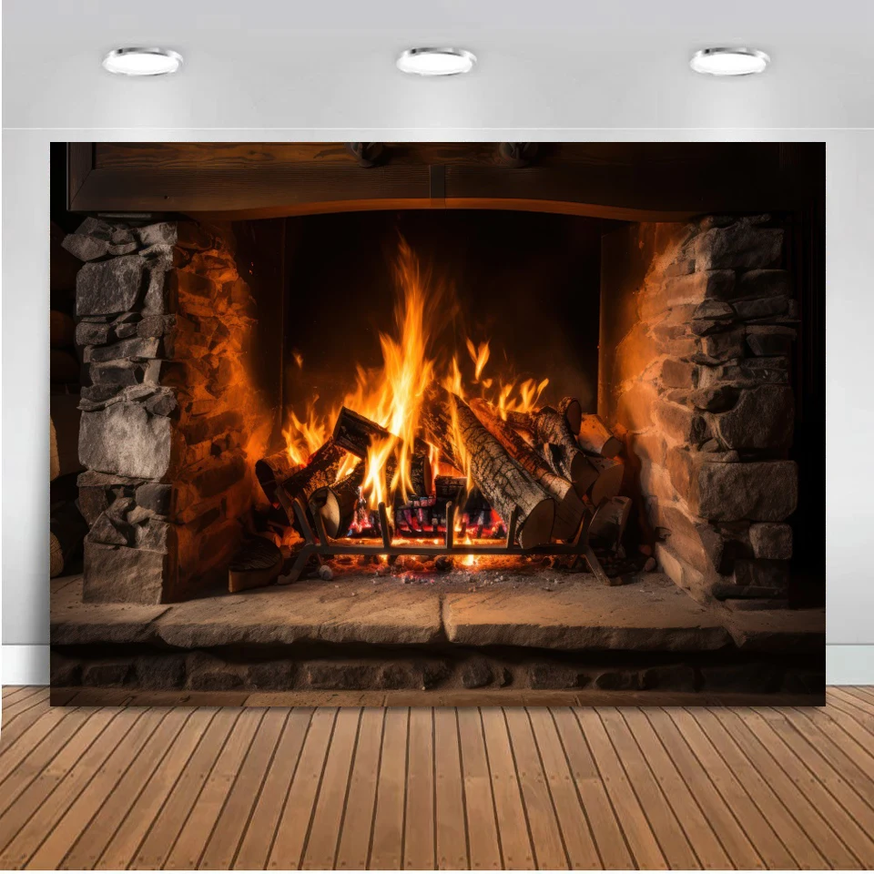 Fireplace Photo Backdrop Burning Fire Gray White Brick Wall Poster Christmas Party Home Decor Photography Background Photophone