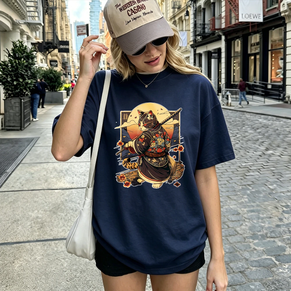 Japanese Samurai Cat Ukiyo-e Graphic T-Shirt Vintage Sakura Sunset Warrior Kitten Casual Pet Lover Summer Aesthetic Gift Tee