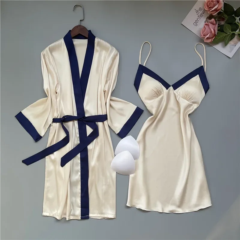 

Sleepwear Bride Bridesmaid Weeding Robe Women Sexy Bathrobe Faux Silk Kimono Gown Patchwork Lingerie Sets Nightwear With Pads
