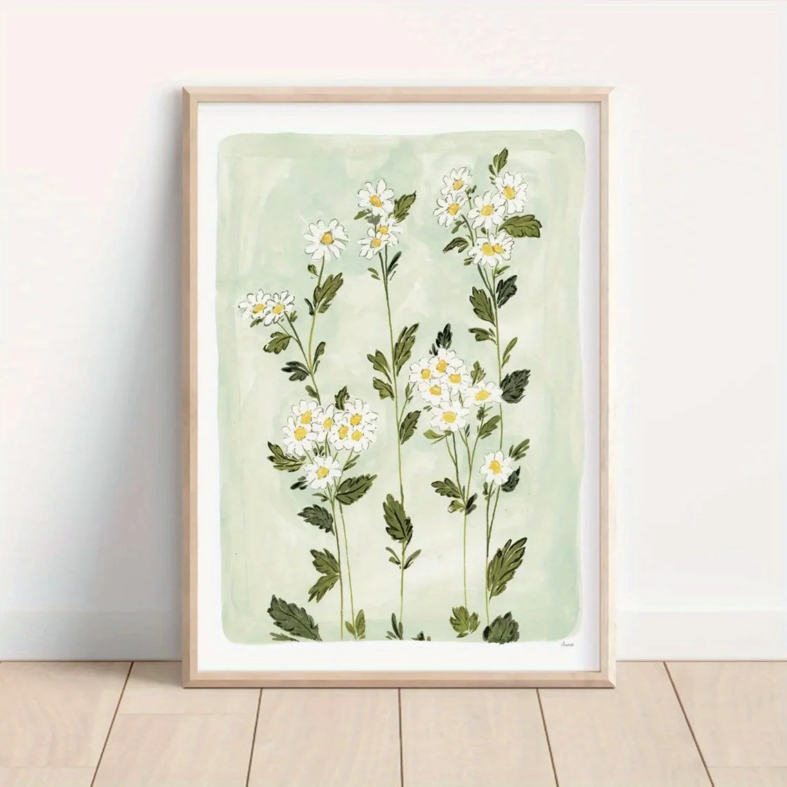 1pc, wall art, vintage poster, mint green meadow floral art print, summer white daisy canvas painting, living room decoration