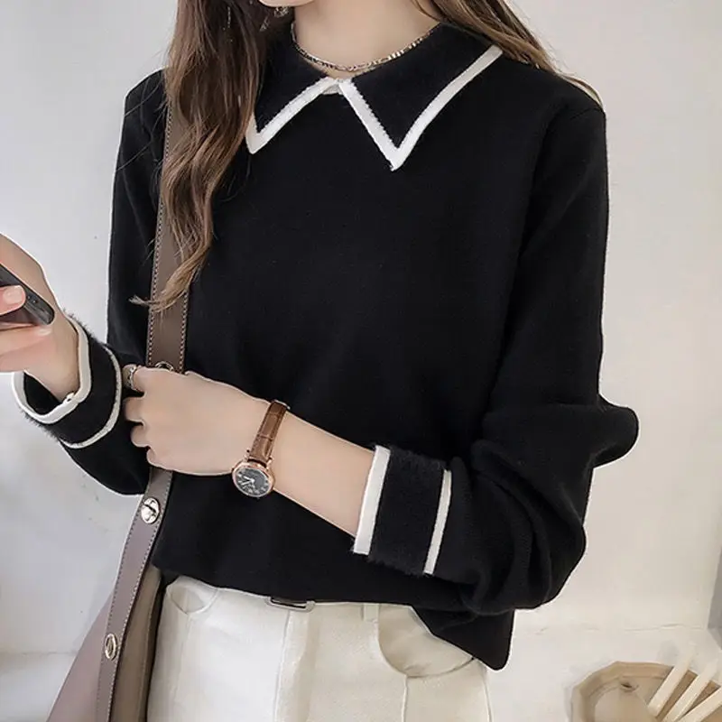 Fashion Polo-Neck Knitted Spliced All-match Blouses Women\'s Clothing 2024 Autumn Winter New Loose Casual Tops Commuter Shirts