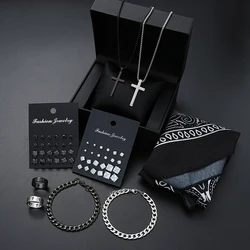 55pcs Men's Stainless Steel Jewelry Set Punk Hip Hop Zircon Stud Earrings Link Bracelet Cross Pendant Necklace Bandana Set Gifts