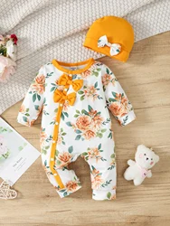 Spring And Autumn Baby Girls Flower Print Round Neck Design Wind Beveled Edge Buckle Onesie Solid Color Bow Hat Baby Girls