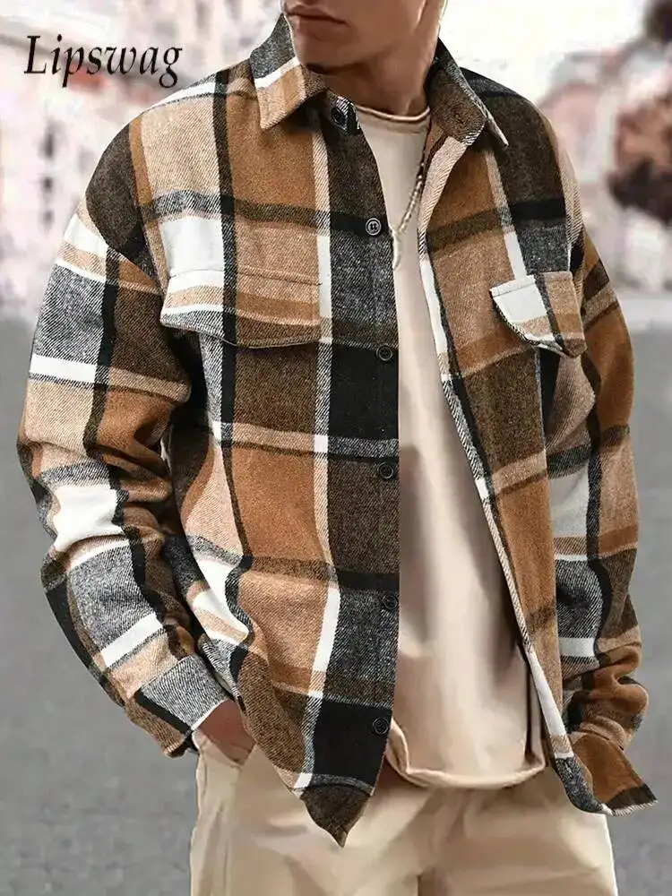 

Trendy Mens Woolen Shirt Jackets 2026 Autumn Outdoor Casual Plaid Outerwear Men's Clothes Vintage Buttoned Turn-Down Collar Coat