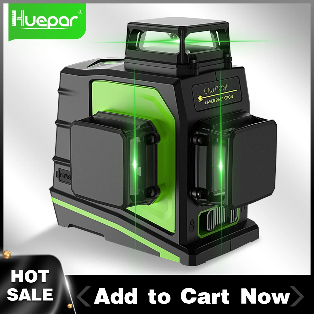 Huepar 3D 12 Lines Laser Level With Pulse Mode Self-Leveling 360 Horizontal & Vertical Green Cross Lines Super Powerful Laser