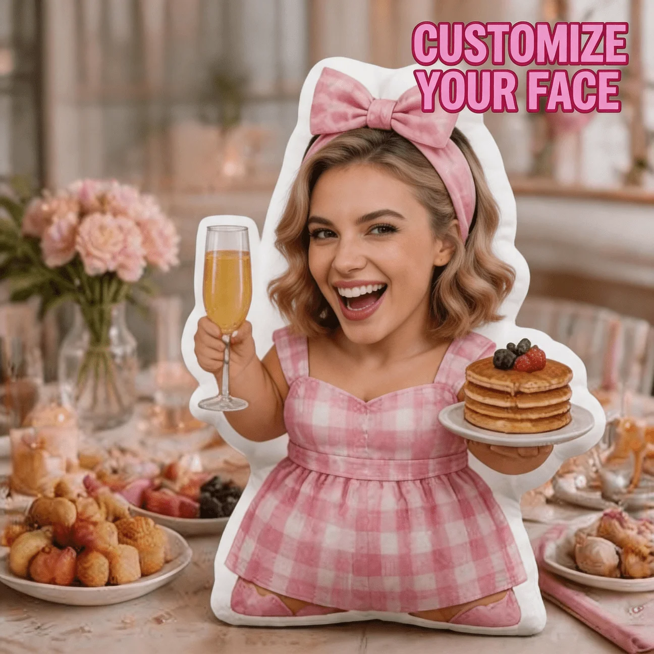 Custom Personalized Photo Face Pillow, Pink Checkered Dress Character Shaped Decorative Cushion with Double-Sided Printing, 60CM