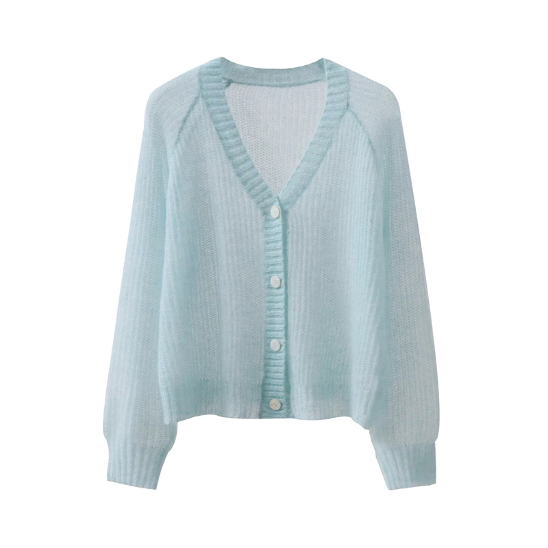 Early spring and early autumn thin mohair knitted cardigan wool shell button top slightly transparent cover