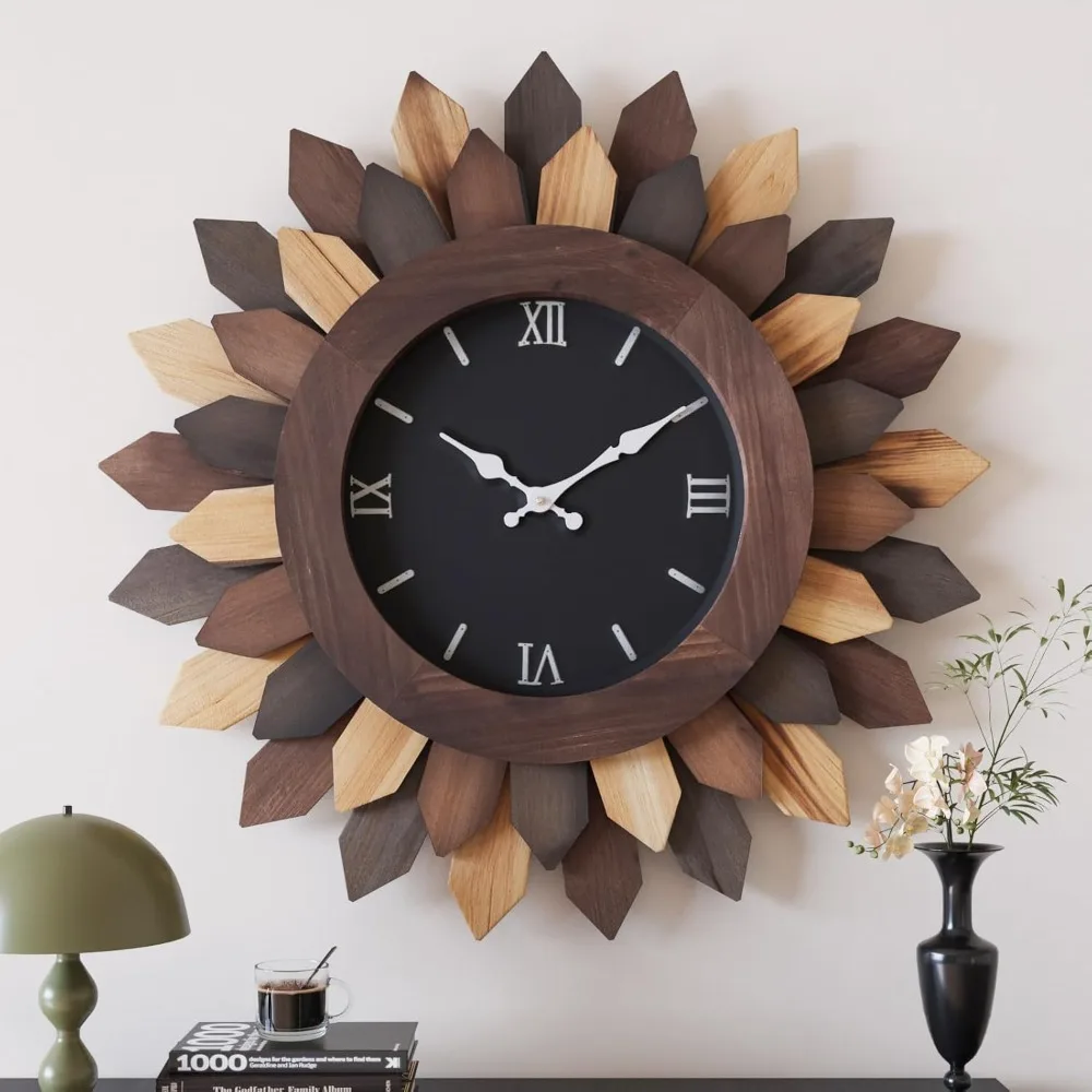 

Living room wall clock decoration, sun explosion decoration large oversized silent, battery powered, farmhouse wood wall clock