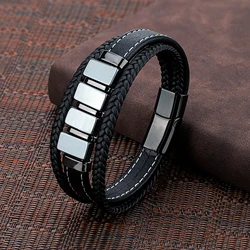 New Vintage Style Rectangular Black Gallstone Simple Take Multicolor Plated Stainless Steel 3-Layer Leather Rope Mens Bracelet