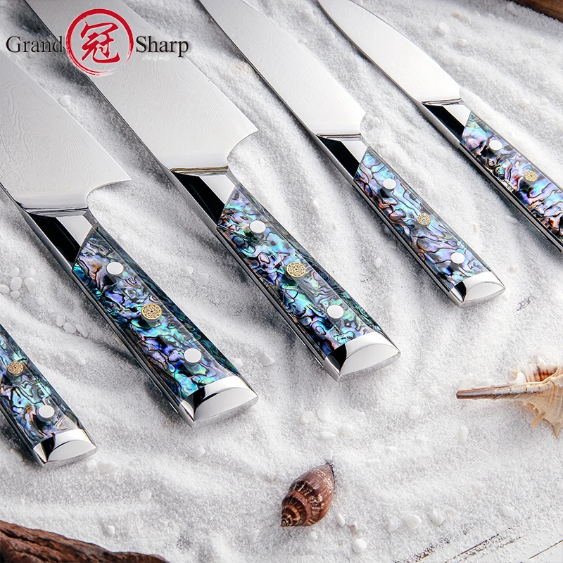 Grandsharp 1-5Pcs Damascus Steel Kitchen Knive Set AUS10 Chef Knife Kiritsuke Boning Utility Paring Knife Abalone Shell Handle