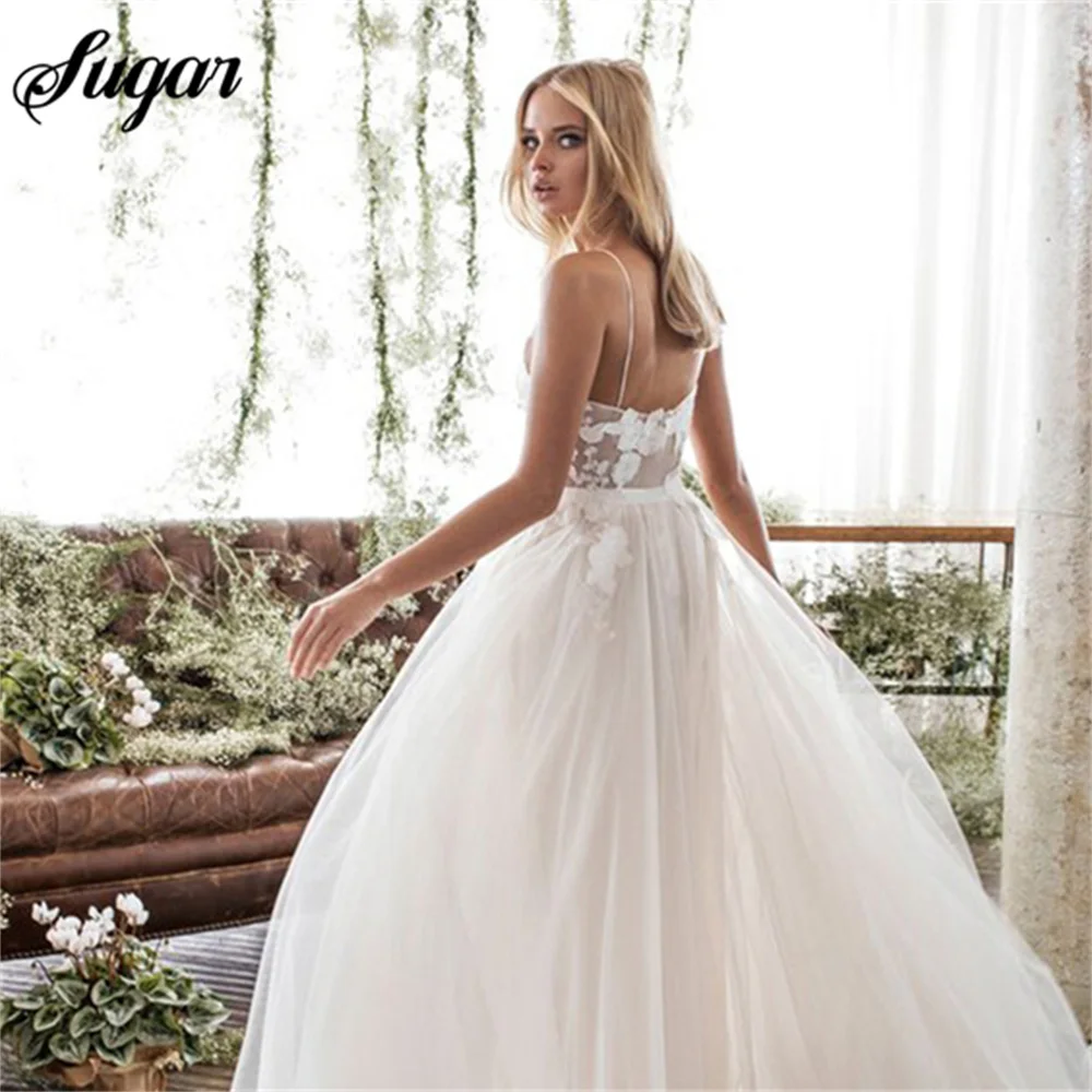 Elegante Fee Brautkleid Sommer A-Linie Spaghetti träger Applikationen Tüll Sweep Zug Brautkleid Vestidos de Noiva