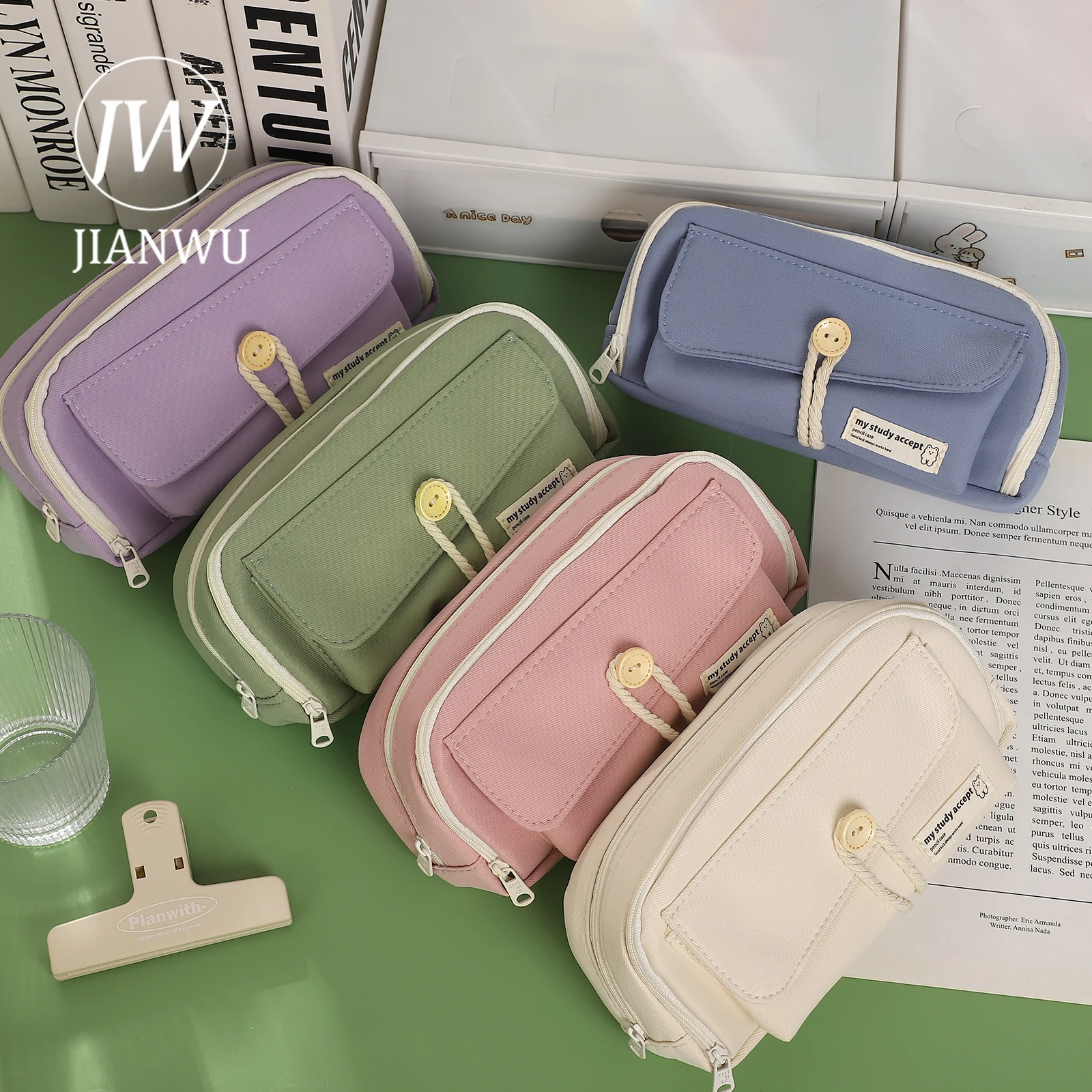 JIANWU Simple Cotton Rope Button Large Capacity Storage Zipper Pencil Case Creative DIY Student Supplies Stationery