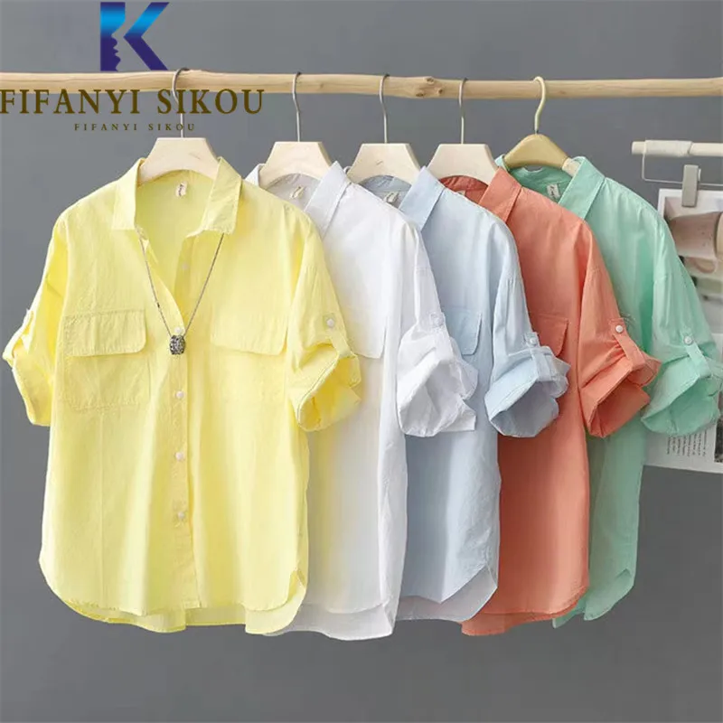 

Pure Cotton Shirts Women Double Pocket Lapel Short Sleeve Shirt High Quality 2022 Summer Loose Casual Womens Tops And Blouses