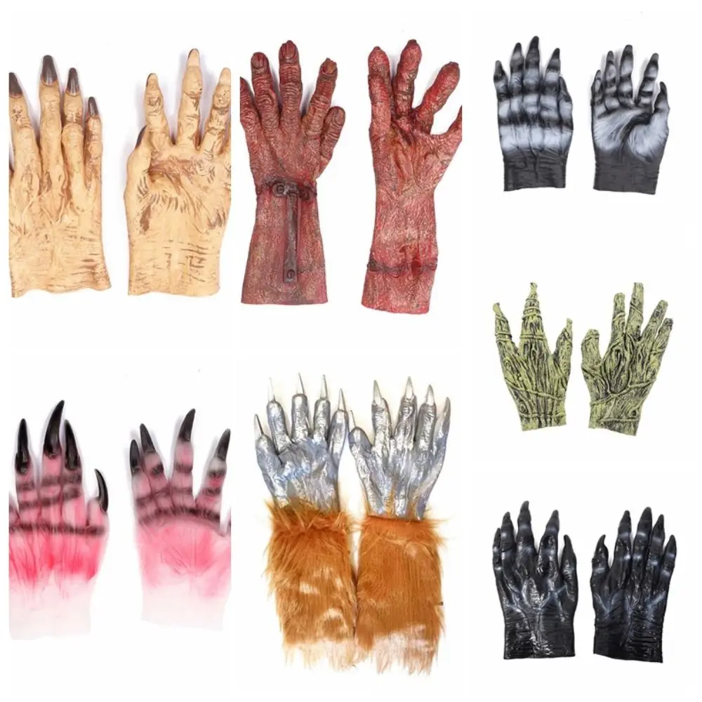 Creative Vinyl Halloween Cosplay Gloves Waterproof Terrifying Werewolf Simulated Gloves Bloody Plush Makeup Party Props Men