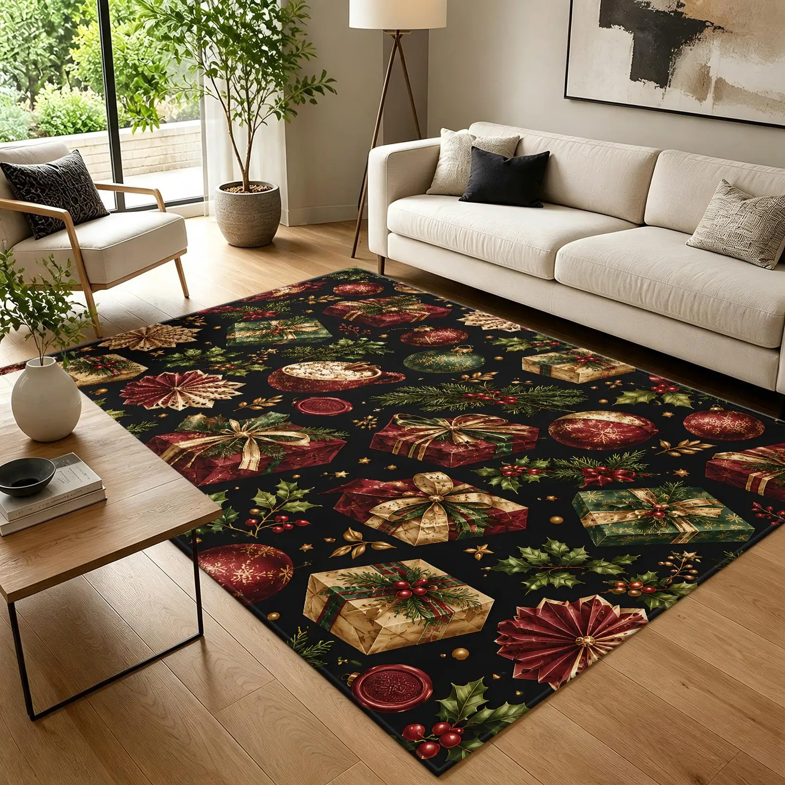 1pc 2D Flat Christmas Gift Box Bauble Holly Berry Printed Floor Mat, Decorative Rug for Living Room, Bedroom, Home