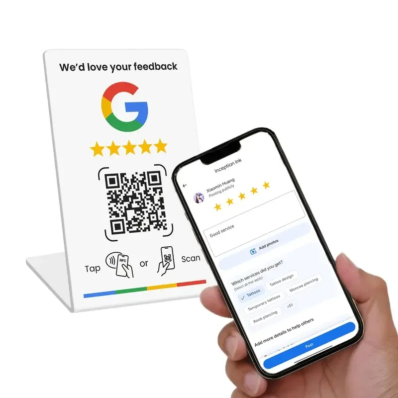 Tarjeta de revisión de Google con código QR programable de 13,56 Mhz, mesa de estación NFC, visualización de reseñas de Google, soporte de pie para tarjeta doblada