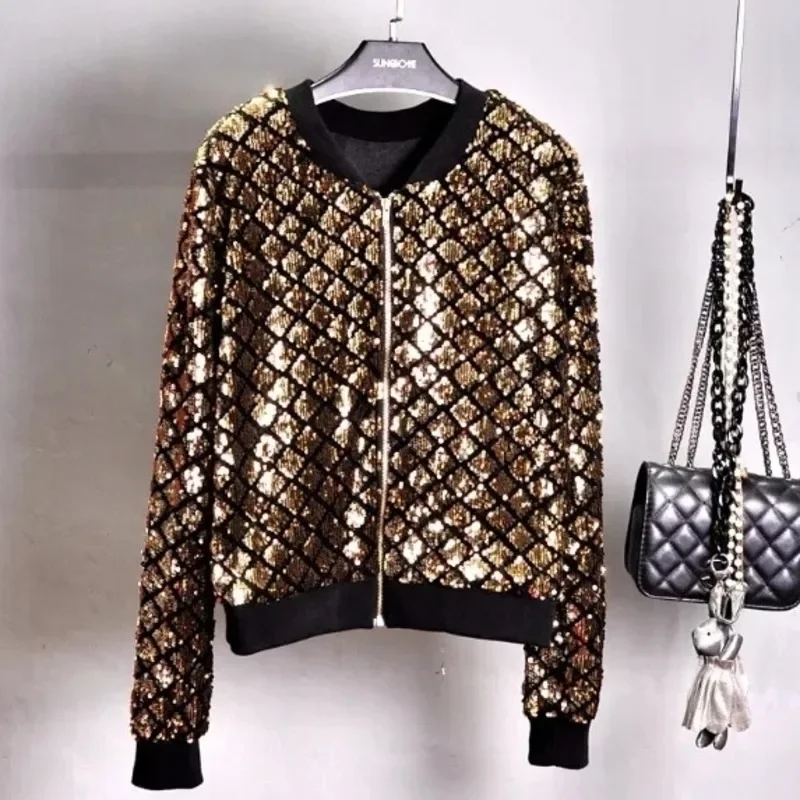 

Women Sequin Coat Green Bomber Jacket Long Sleeve Zipper Streetwear Tunic Loose Casual Ladies Harajuku Short Outerwear X1112