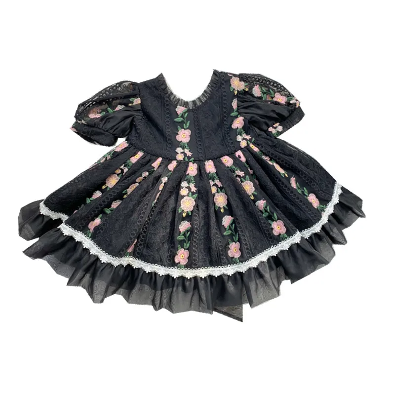 Spanish Girls Summer Embroidered Dark Backless Bow Dress Short Sleeve Bubble Dress Dress Retro Court Fashion Dress