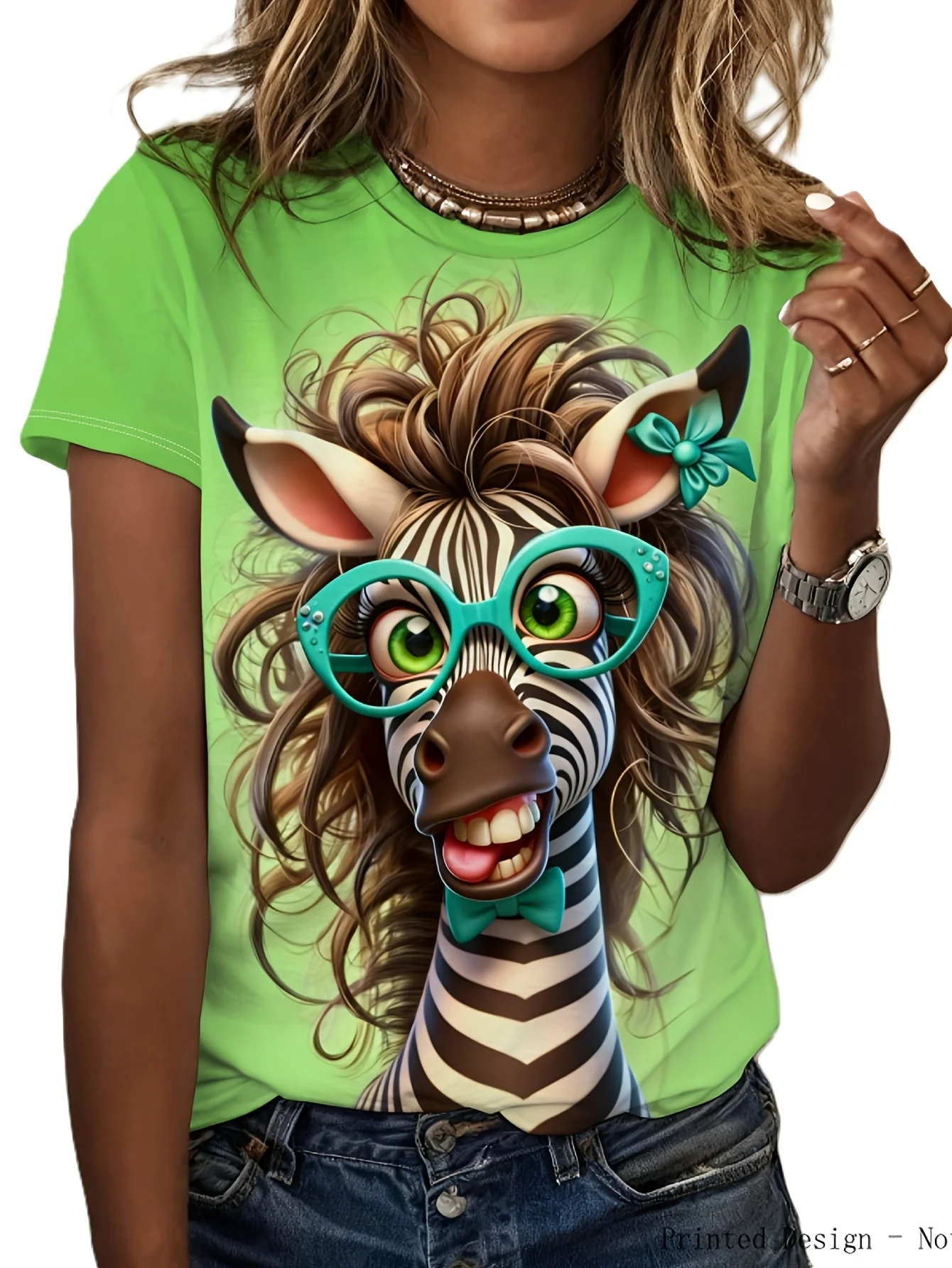 Women Crew Neck Short Sleeve T‑Shirt, Cute Cartoon Zebra With Glasses Bow Graphic Print Casual Summer Green Tee