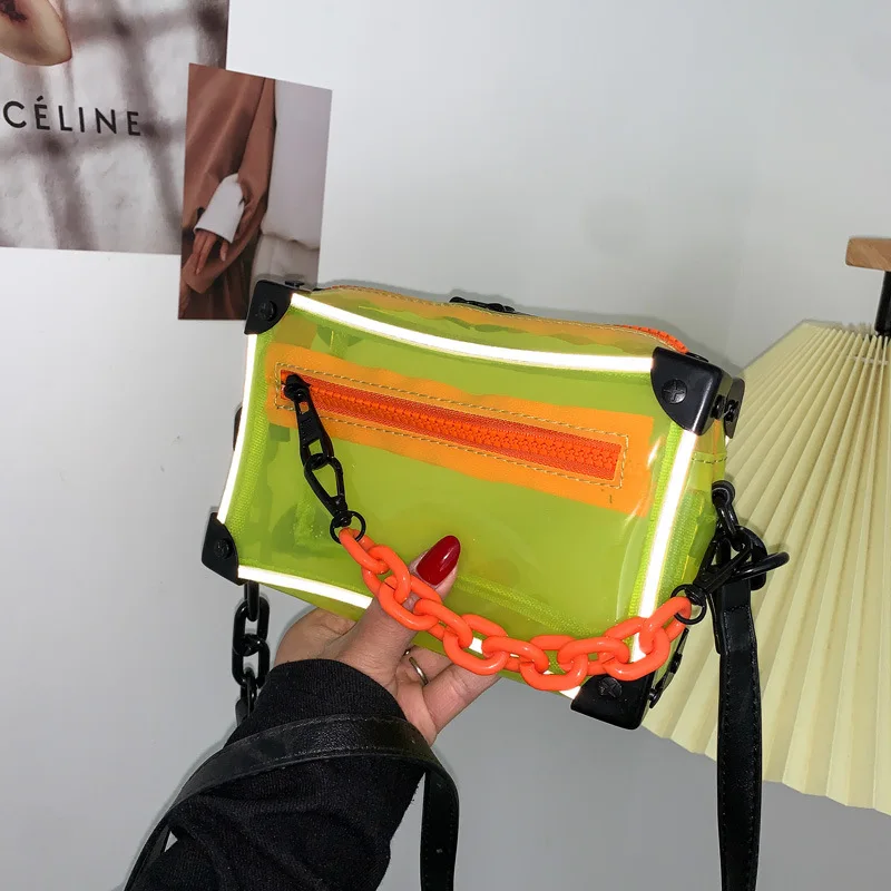 2023 New Reflective Shoulder Bag Chain Single Shoulder Transparent Plastic PVC Small Square Bag Shopping Beach Bag vip luxury