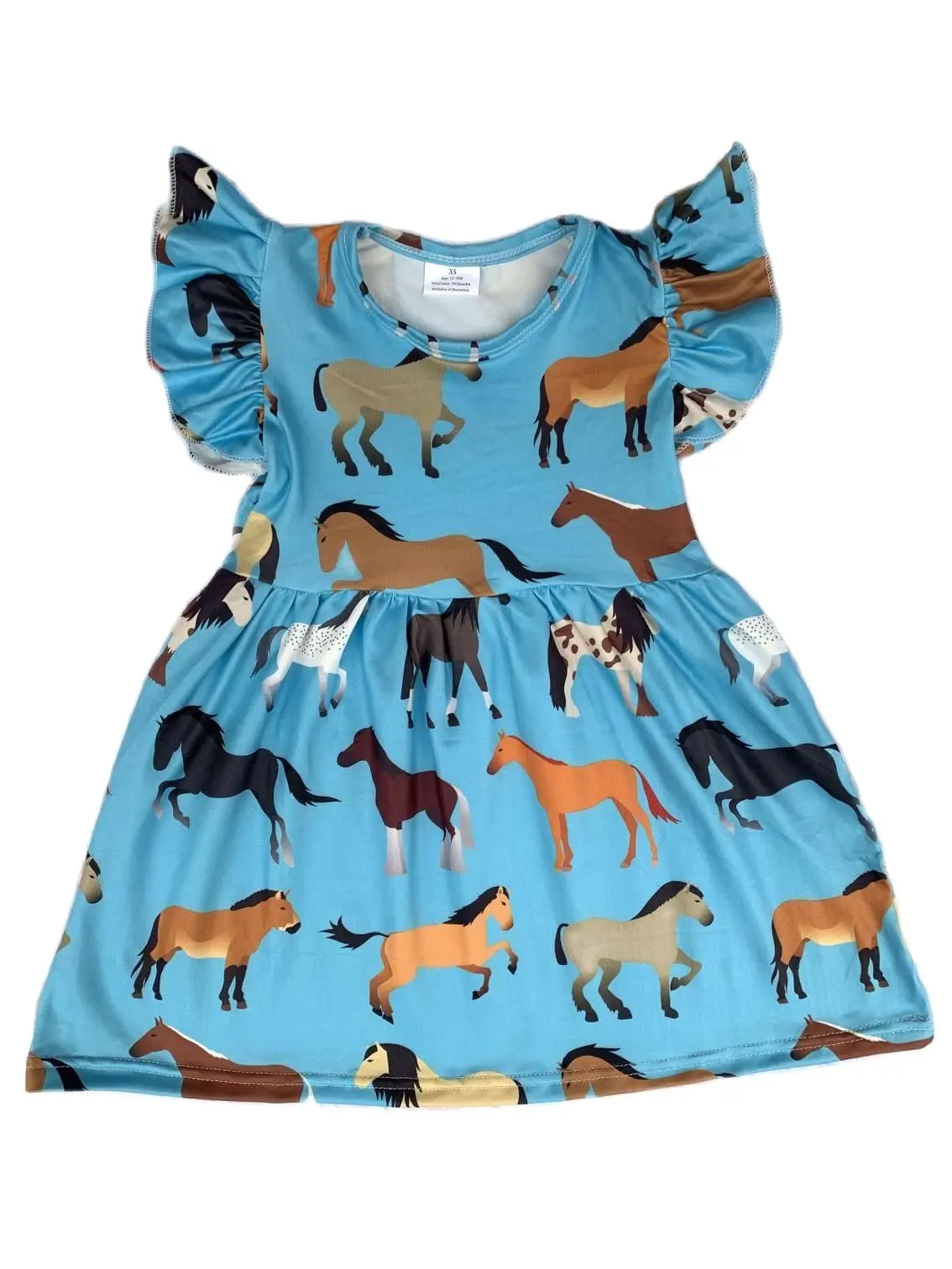 

RTS Wholesale Kids Designer Clothes Girls Flutter Sleeve Dress Small Horses Girls Dresses Ruffle